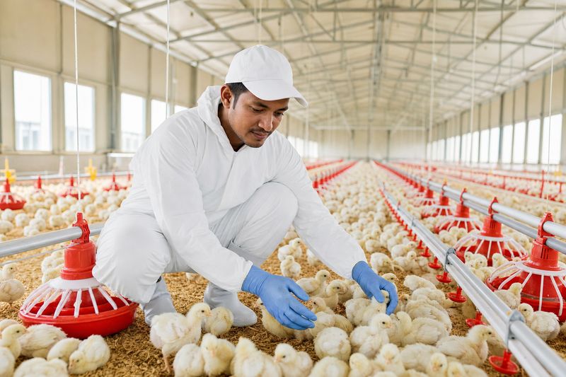 Farm worker in a white coverall checking young chicks in a clean poultry house