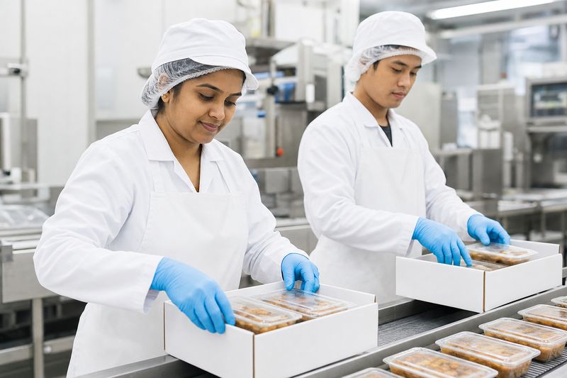 Two workers in white hygiene uniforms packing sealed food trays on a conveyor line
