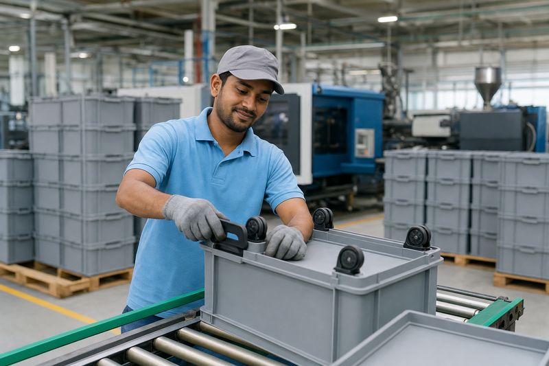 Worker fitting wheels onto a grey plastic container at a factory conveyor