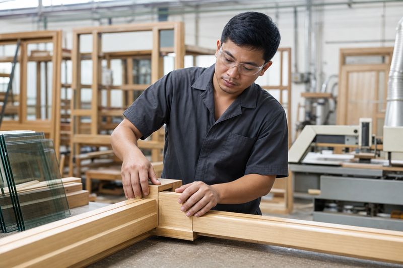 Production operator assembling a wooden window frame in a joinery factory