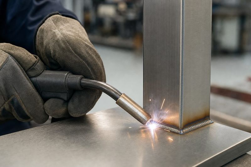 Gloved hand welding a steel joint with a MIG welding gun
